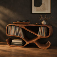 Ribbon frame record console with two open end bays and curled feet, three-quarter view showing the grain