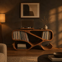 Ribbon frame record console with two open end bays and curled feet in a dark living room at golden hour