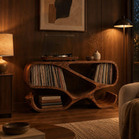 Ribbon frame record console with two open end bays and curled feet in an evening living room with walnut wall paneling