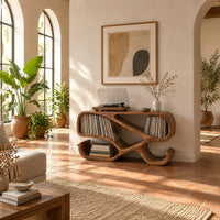 Ribbon frame record console with two open end bays and curled feet in a bright living room with arched windows and plants