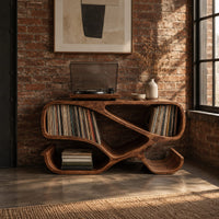 Ribbon frame record console with two open end bays and curled feet in an industrial loft living room with exposed brick