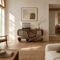 Ribbon frame record console with two open end bays and curled feet in a bright open plan living room