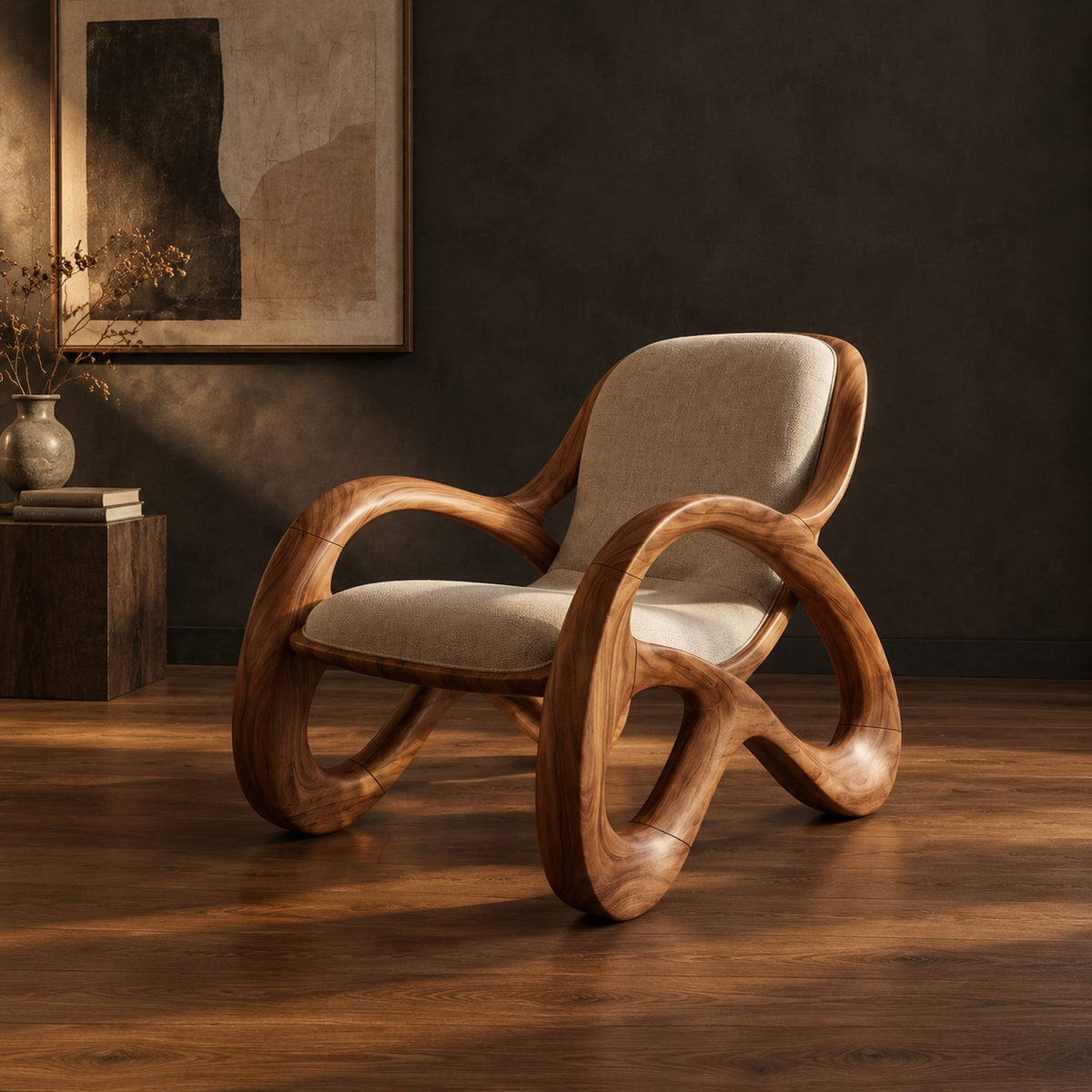 Upholstered chair with open loop arms and ribbon shaped wooden legs in a dark studio against a charcoal plaster wall