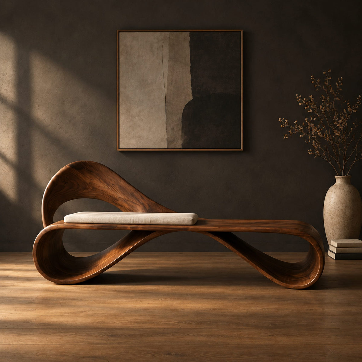 Ribbon loop bench with an arched backrest and a cream cushion in a dark studio against a charcoal plaster wall