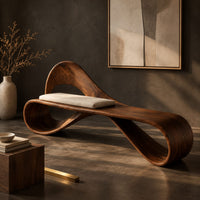 Corner detail of ribbon loop bench with an arched backrest and a cream cushion beside wood, brass and linen samples