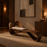 Ribbon loop bench with an arched backrest and a cream cushion in an evening entryway with walnut wall paneling