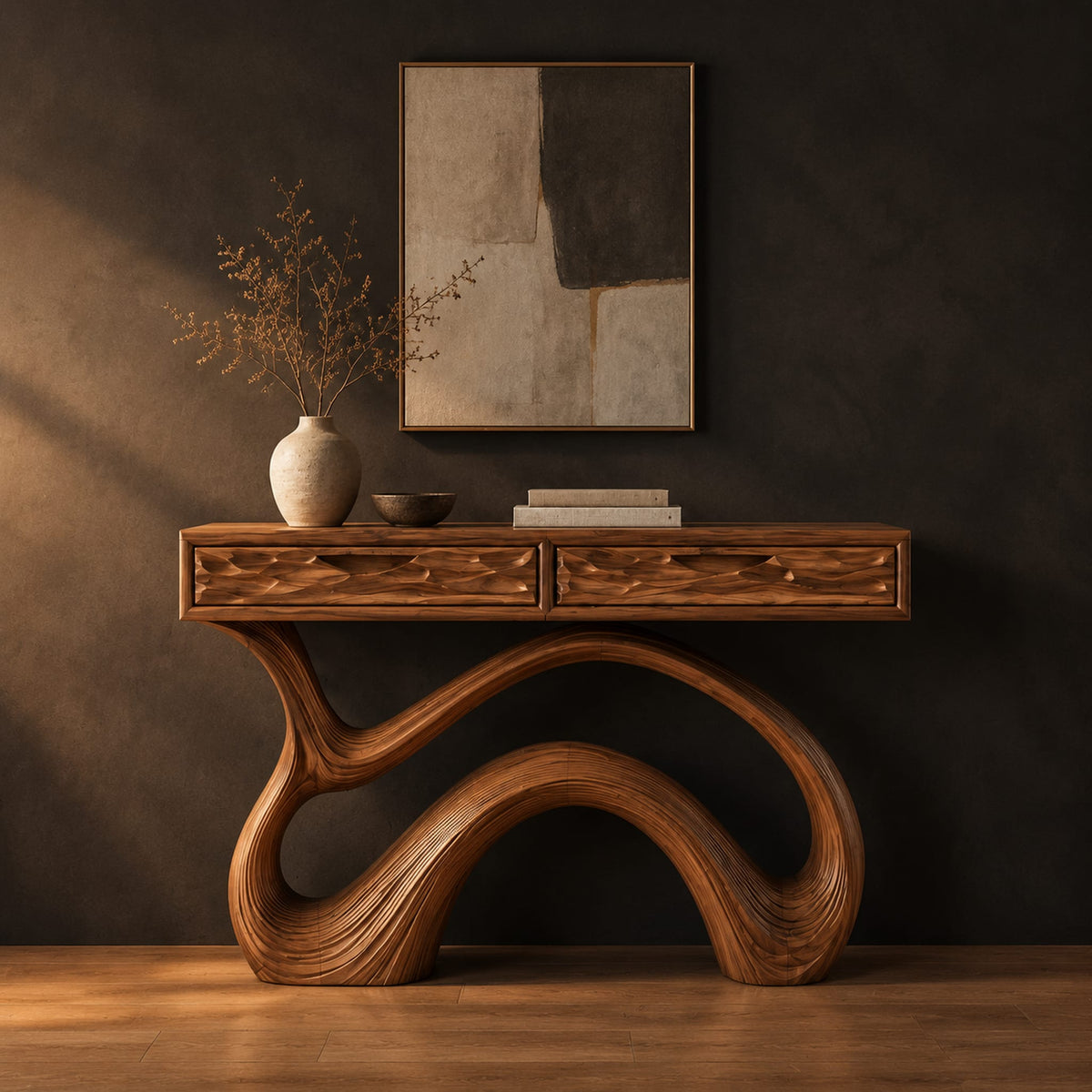 Console table with a looping ribbon base and two carved wave front panels in a dark studio against a charcoal plaster wall