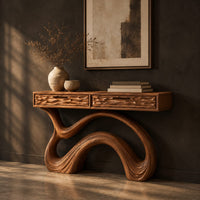 Console table with a looping ribbon base and two carved wave front panels, three-quarter view showing the grain