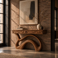 Console table with a looping ribbon base and two carved wave front panels in an industrial loft entryway with exposed brick