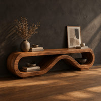 Low tv stand shaped as a rolling ribbon loop, three-quarter view showing the grain