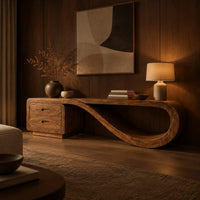 Low tv stand with two drawers and a ribbon shaped looping end in an evening living room with walnut wall paneling
