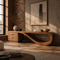Low tv stand with two drawers and a ribbon shaped looping end in an industrial loft living room with exposed brick