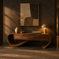 Looping wooden bench with a ribbon shaped frame and two drawers in a dark entryway at golden hour