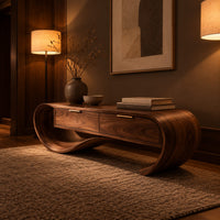 Looping wooden bench with a ribbon shaped frame and two drawers in an evening entryway with walnut wall paneling