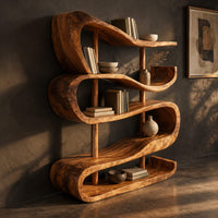 Bookshelf of stacked wavy ribbon shelves on slim wooden posts, three-quarter view showing the grain