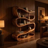 Bookshelf of stacked wavy ribbon shelves on slim wooden posts in an evening living room with walnut wall paneling