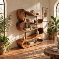 Bookshelf of stacked wavy ribbon shelves on slim wooden posts in a bright living room with arched windows and plants