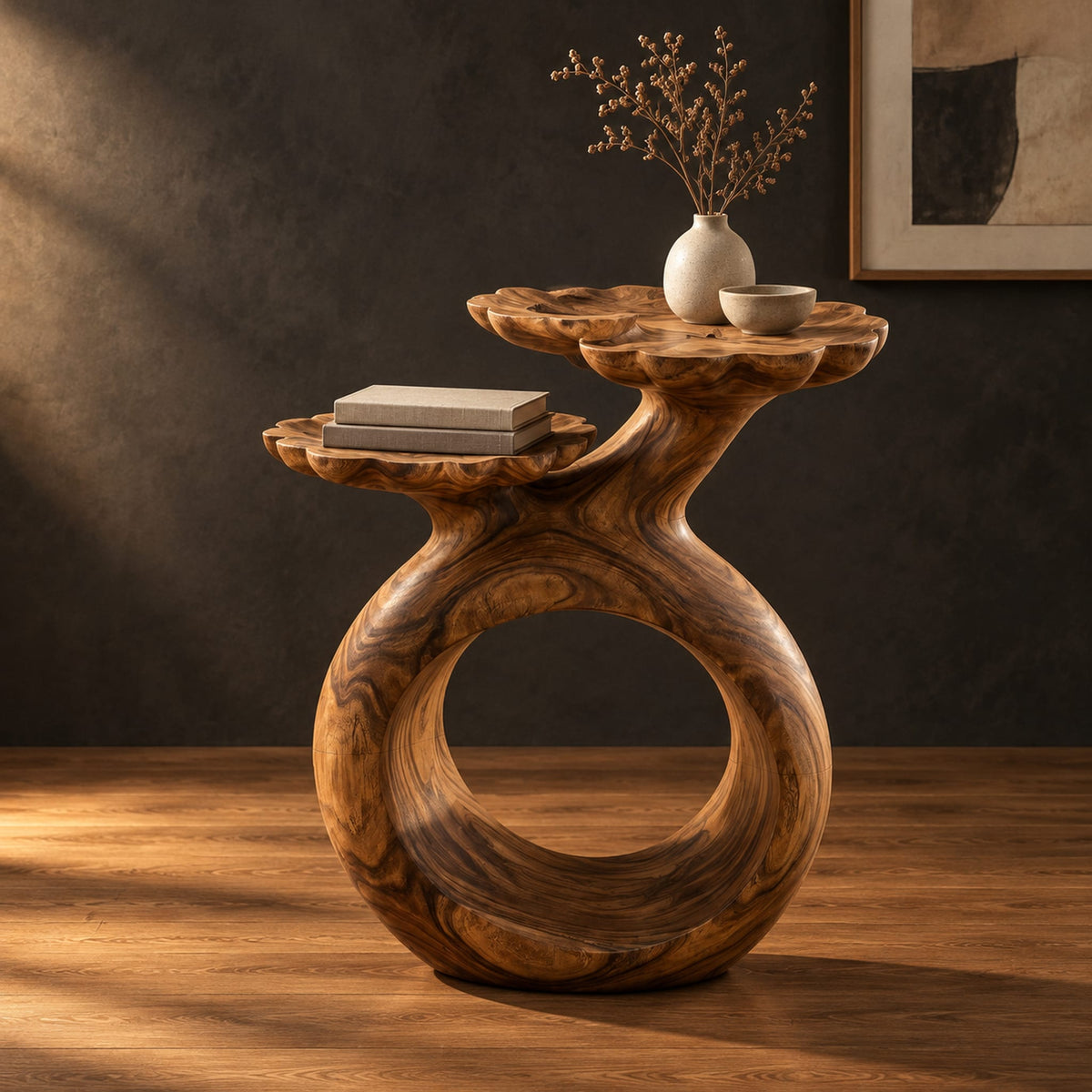 Side table with a looped ring base and two scalloped dish tops in a dark studio against a charcoal plaster wall