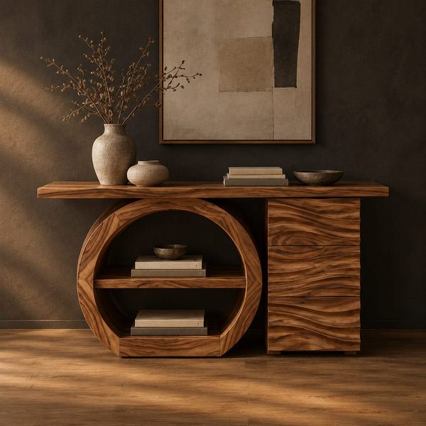 Ring Frame Console Table With Open Shelf And Wave Carved Cabinet