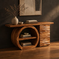 Console table with a large circular open shelf frame beside a wave carved cabinet, three-quarter view showing the grain