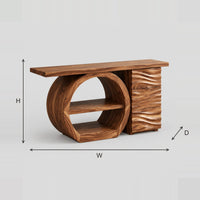 Ring Frame Console Table With Open Shelf And Wave Carved Cabinet dimension diagram with width, height and depth