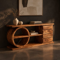 Console table with a circular shelf frame, four stacked panels and a plinth, three-quarter view showing the grain