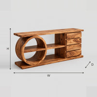 Ring Shelf Console Table With Four Stacked Panels On A Plinth Base dimension diagram with width, height and depth