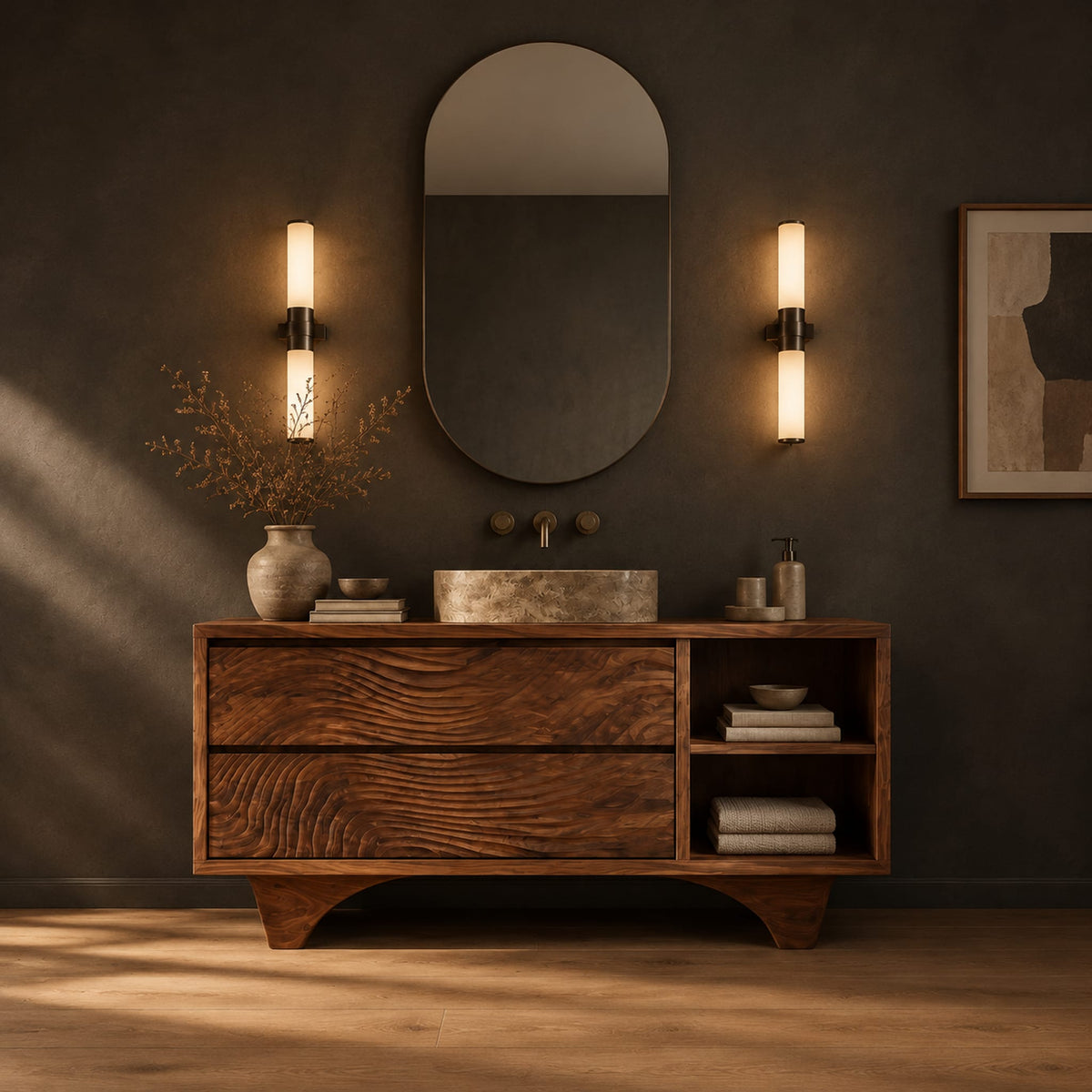 Bathroom vanity with rippled carved fronts and an arched base in a dark studio against a charcoal plaster wall