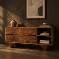 Bathroom vanity with rippled carved fronts and an arched base, three-quarter view showing the grain