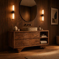 Bathroom vanity with rippled carved fronts and an arched base in an evening bathroom with walnut wall paneling