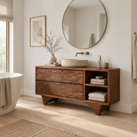 Bathroom vanity with rippled carved fronts and an arched base in a Scandinavian bathroom with white walls