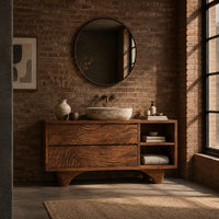 Bathroom vanity with rippled carved fronts and an arched base in an industrial loft bathroom with exposed brick