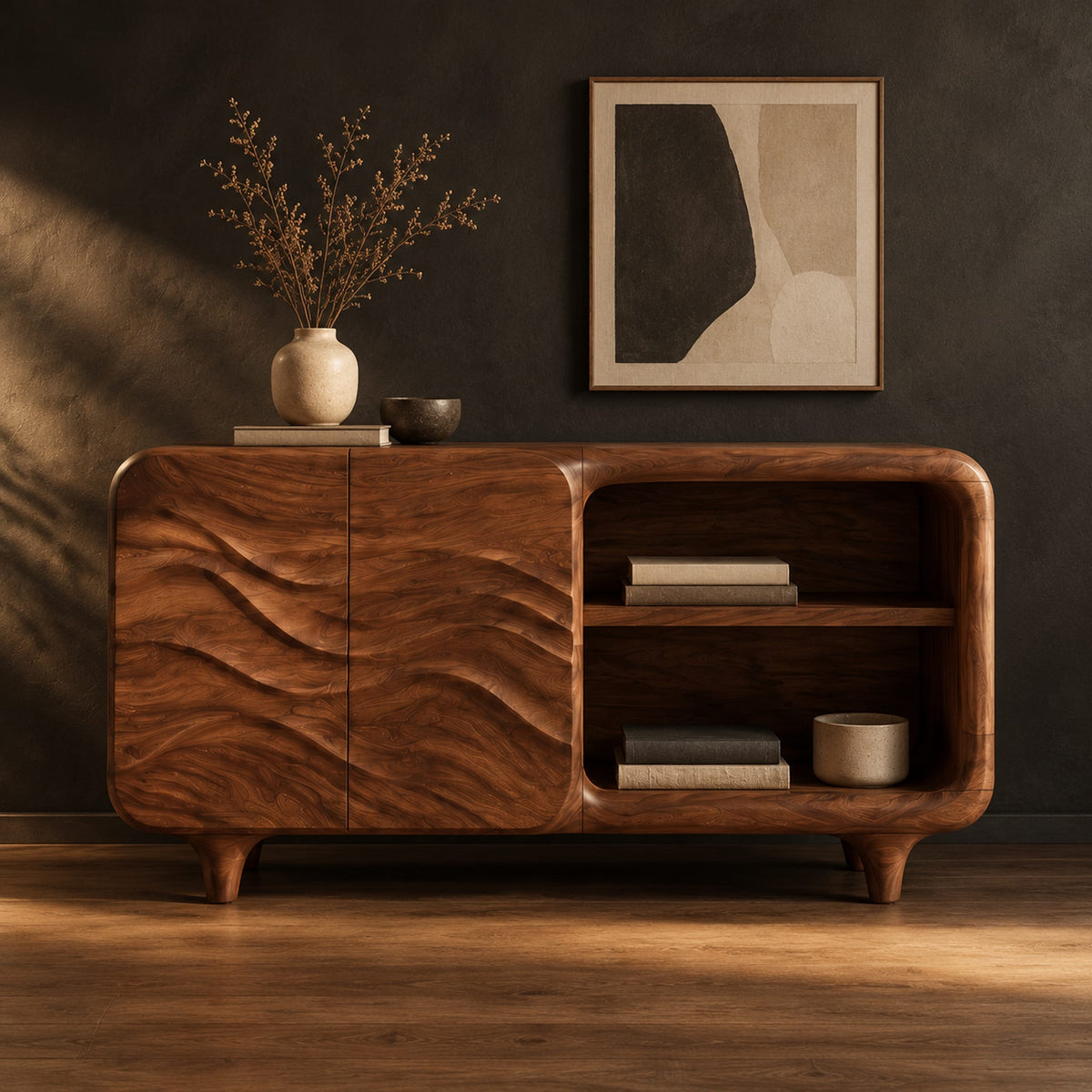 Bathroom vanity with ripple carved doors, open shelves and short tapered feet in a dark studio against a charcoal plaster wall