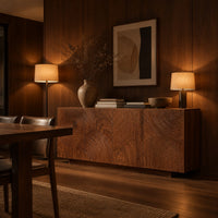 Four door sideboard carved with concentric ripple rings on a plinth base in an evening dining room with walnut wall paneling