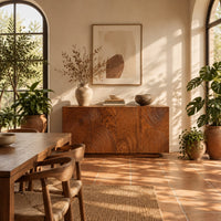 Four door sideboard carved with concentric ripple rings on a plinth base in a bright dining room with arched windows and plants