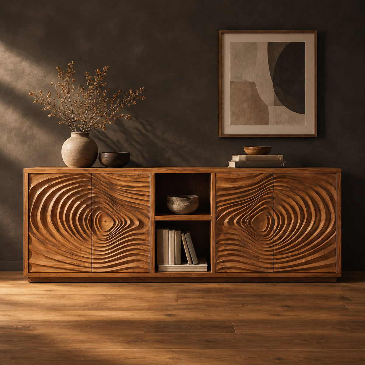 Sideboard with four ripple carved doors and two open shelves in the middle in a dark studio against a charcoal plaster wall