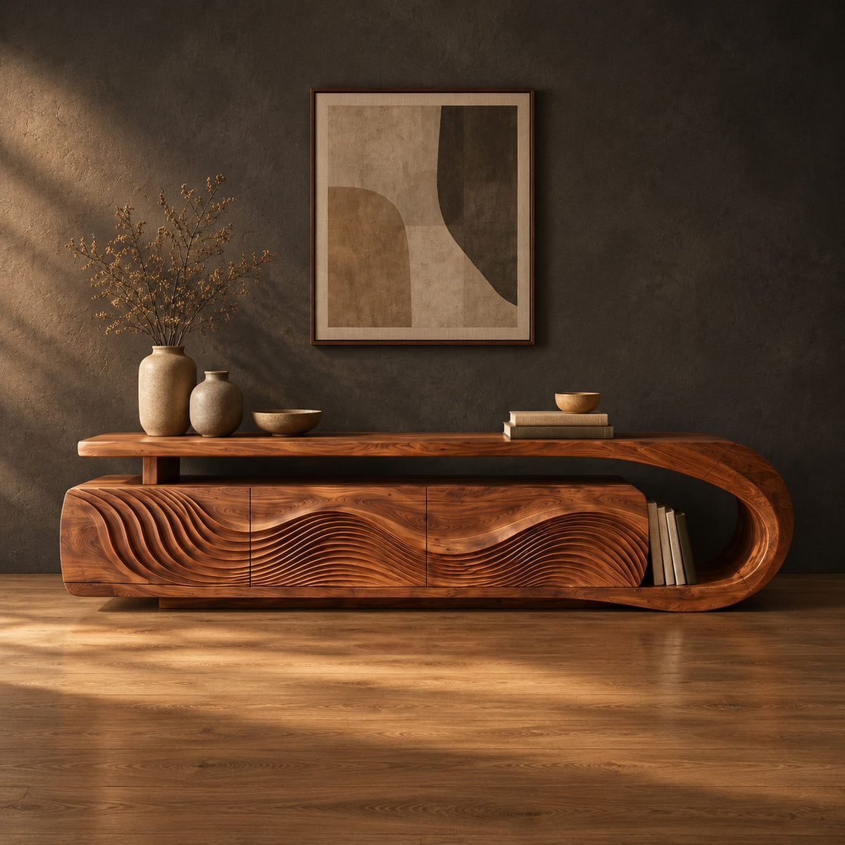 Low tv stand with ripple carved panels and a looped sweeping end in a dark studio against a charcoal plaster wall