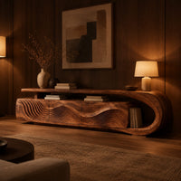 Low tv stand with ripple carved panels and a looped sweeping end in an evening living room with walnut wall paneling