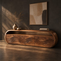 Capsule shaped tv stand with three wave carved front panels, three-quarter view showing the grain