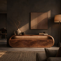 Capsule shaped tv stand with three wave carved front panels in a dark living room at golden hour
