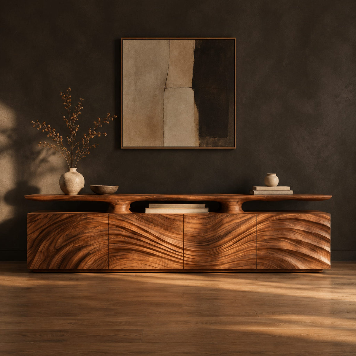 Low wooden tv stand with wave carved doors and a raised top shelf in a dark studio against a charcoal plaster wall