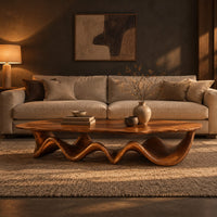 Long coffee table with a freeform oval top on a rippling wave shaped base in a dark living room at golden hour