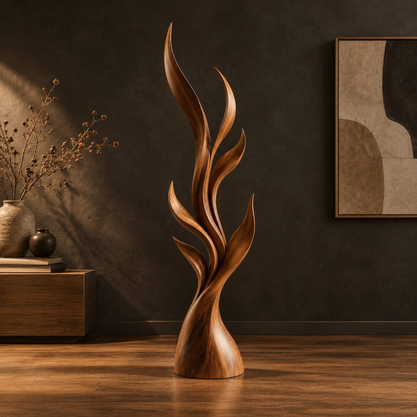 Rising Leaf Blade Wood Sculpture With Curling Tips