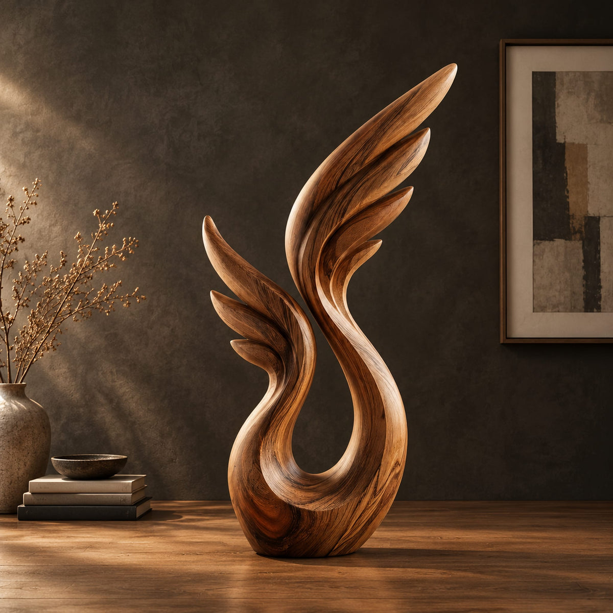 Wing sculpture with layered feathers rising from an open loop in a dark studio against a charcoal plaster wall