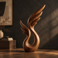 Wing sculpture with layered feathers rising from an open loop, three-quarter view showing the grain
