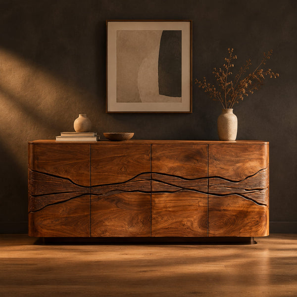 River Band Sideboard With Carved Channel Across Warm Grain Panels