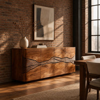 Sideboard with a winding carved band across warm grain front panels in an industrial loft dining room with exposed brick