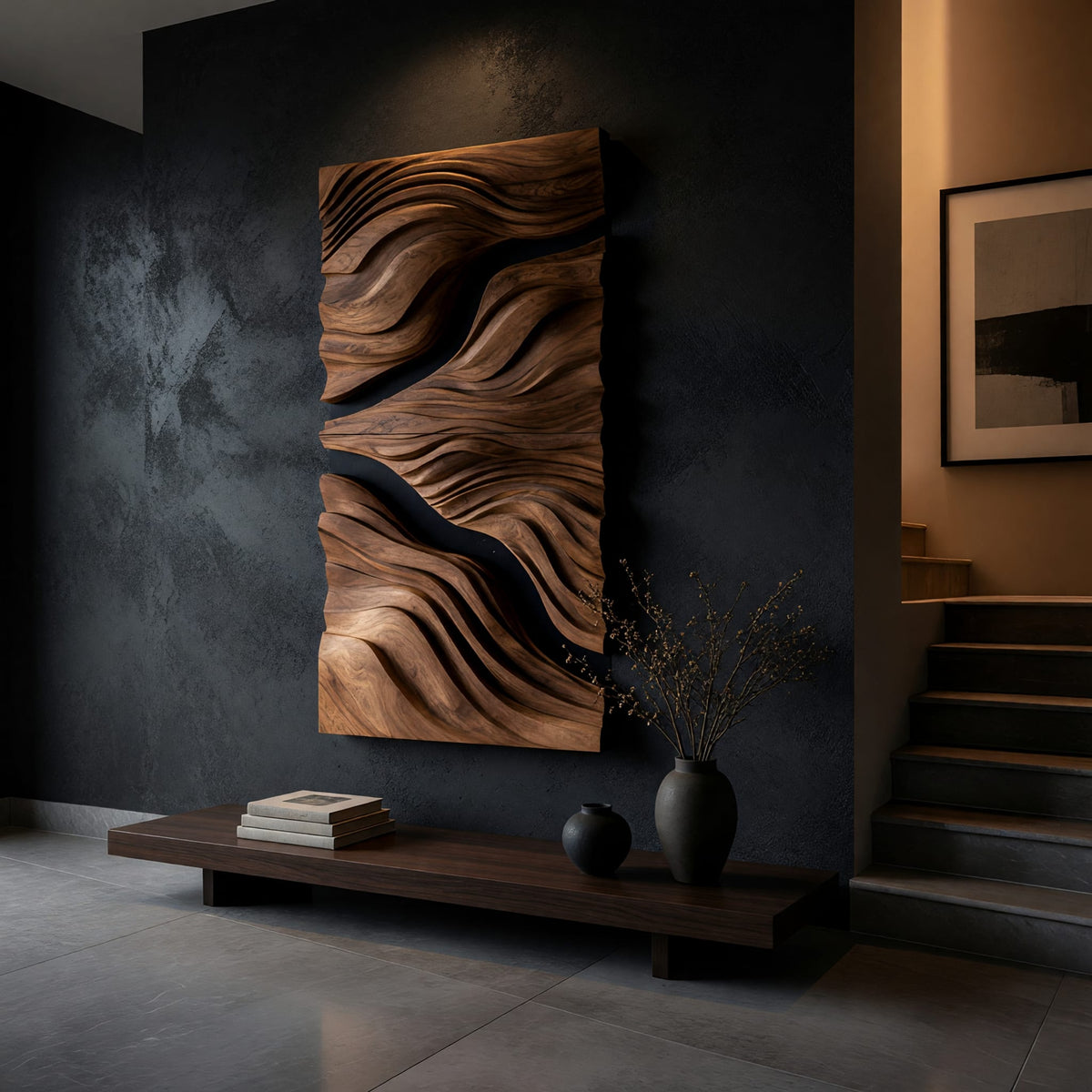 Tall wood wall relief with two black river channels on a dark charcoal plaster wall
