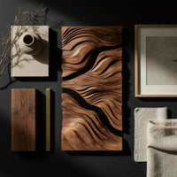 Detail of tall wood wall relief with two black river channels beside wood, brass and linen samples