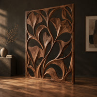 Openwork room divider with carved fan shaped leaves in a slim frame, three-quarter view showing the grain